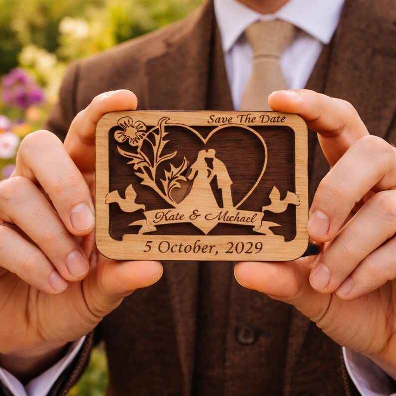 May include: A rectangular wooden wedding announcement with a heart-shaped cutout and the words "Save The Date." The announcement features a floral design, silhouettes of a kissing couple, and the names "Kate & Michael" with the date "5 October, 2029."