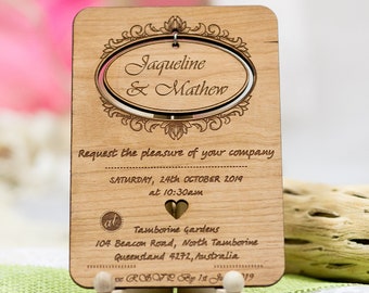 Faire-part de mariage en bois rustique, faire-part fait main découpé au laser, design unique personnalisé