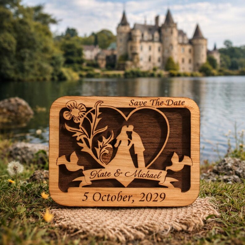 May include: Wooden wedding announcement with a heart-shaped cutout featuring kissing figures. The announcement reads "Save The Date" at the top, with the names "Kate & Michael" and the date "5 October, 2029" below. The background shows a castle and lake.