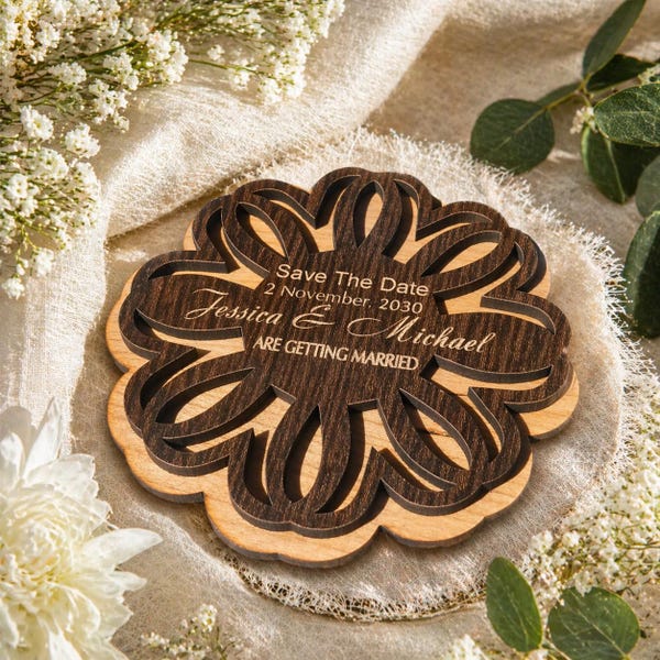 Wood Save the Date Magnets (10),  Flower save the dates, Spring wedding annoncement