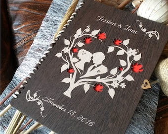 Libro de firmas de boda de madera grabada, diseño rústico del Árbol de la Vida.