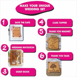 May include: A collection of wedding stationery items, including a save-the-date card, invitation, guest book, cake topper, thank you magnet, and thank you tags. The items are made of wood and feature floral and tree designs. Text includes "Make Your Unique Wedding Set".