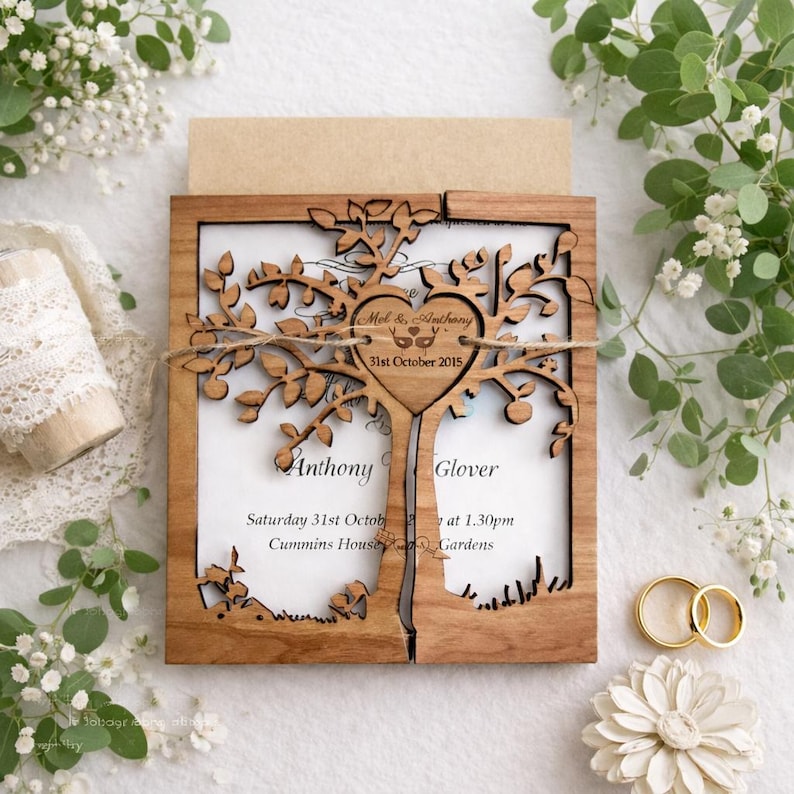 May include: A wooden wedding invitation with a tree design. The invitation features the names "Mel & Anthony" and the date "31st October 2015". The invitation is tied with twine and includes the names "Anthony" and "Glover".