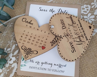 Engraved Calendar Wood Save The Date Magnet, Heart Wedding Invite