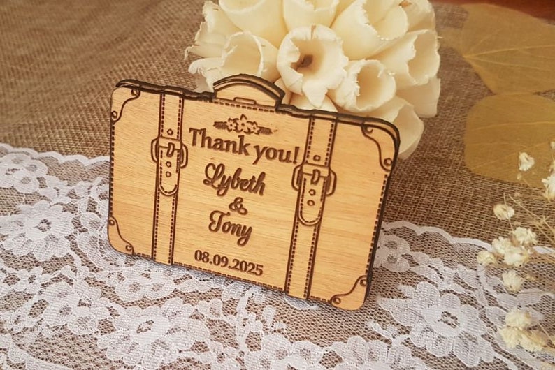 wedding thank you card Wooden thank you magnet cards unique wedding thank you magnets suitcase thank you cards rustik thank you card
