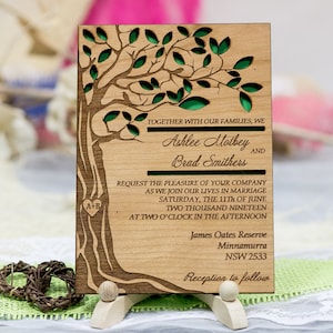 custom tree wedding invitation, wood wedding invitations, laser cut wedding invitation, unique rustic invitation, green leaves invitation