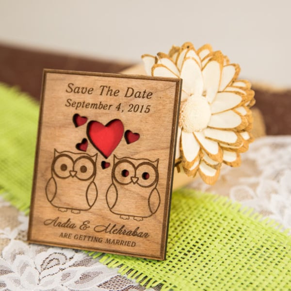 laser cut Save-The-Date Magnets (10) / Engraved Save The Date Wedding magnets / Owl Rustic Save the Date