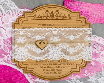 Faire-part de mariage en bois gravé avec dentelle, rustique chic