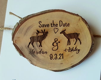 Holz speichern das Datum Magnet, HolzScheibe speichern das Datum Hirsch, Hochzeit Annoncement, Herbst Hochzeit, maßgeschneiderte Souvenir, offene Hochzeit save date