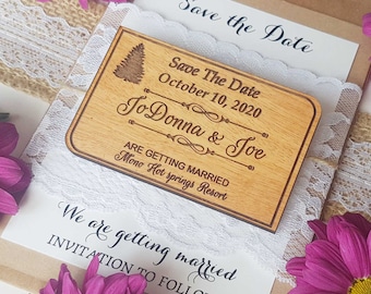 Wooden save the date magnets, Rustic forest save-the-date, Laser cut custom Pine tree  wedding magnets, Open wedding, Craft paper envelopes