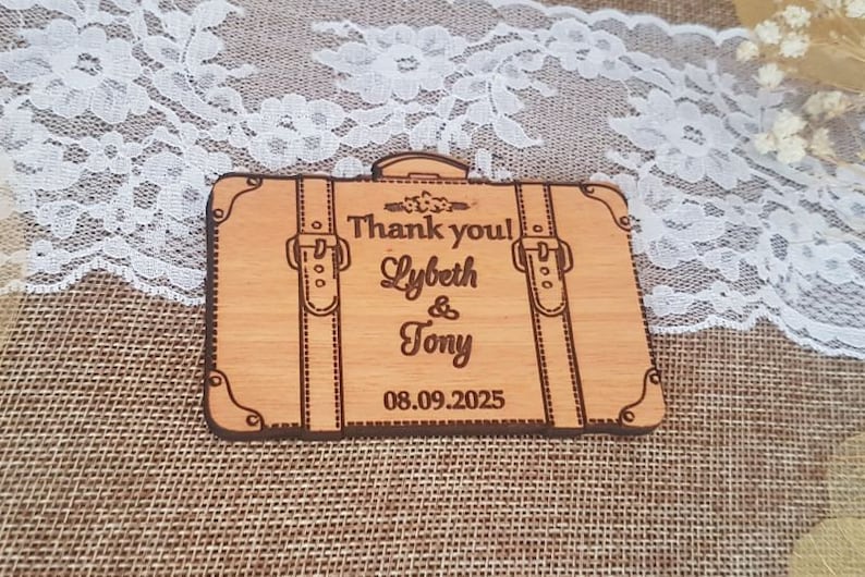 wedding thank you card Wooden thank you magnet cards unique wedding thank you magnets suitcase thank you cards rustik thank you card