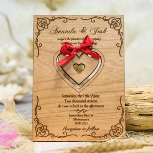 Laser cut wedding invitation, engraved wooden wedding invitations, custom wedding invitation red bow, rustic wedding invitations unique