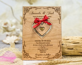 Laser cut wedding invitation, engraved wooden wedding invitations, custom wedding invitation red bow, rustic wedding invitations unique