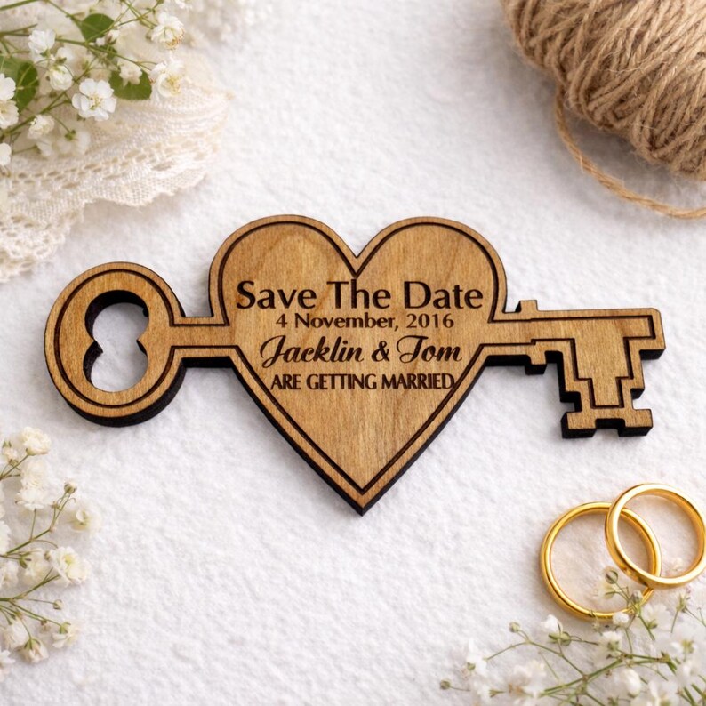 May include: Wooden heart-shaped key with the text "Save The Date" and wedding details. The key is light brown with a dark brown outline. Gold wedding rings and white flowers are also in the image.