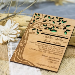 Tree wedding invitation, wooden forest invitation, laser cut invitation, rustic wedding invitation set, engraved wedding invite, unique image 1