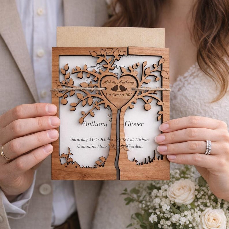May include: A wooden wedding invitation with a tree design. The invitation features the names "Mel & Anthony" and the date "31st October 2029". The invitation is held by two people, with a bouquet of white roses in the background.