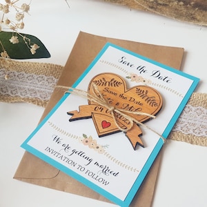 Save the Date Magnet mit Karten | Herz Save the Date Hochzeitsmagneten | Personalisiertes Holz Save the Date oder Abend | Botanische Einladung