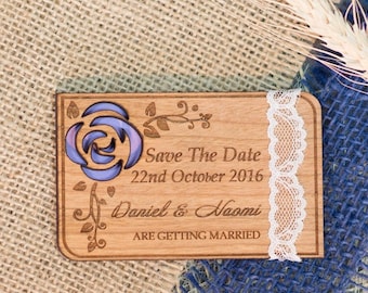Lace save-the-date magnet, wooden  save the date card, gift with a lace, purple flower save the date, cutom wedding magnet, wedding souvenir