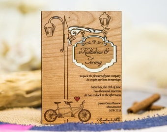 Einladungskarten tandem, holz einladungskarten, Karte zur Hochzeit, Holzende Hochzeitskarte, Hochzeitskarte holz, einzgartig hochzeitskarte