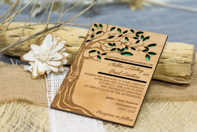 Tree wedding invitation, wooden forest invitation, laser cut invitation, rustic wedding invitation set, engraved wedding invite, unique image 3