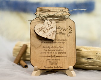 Invitation de mariage en bois véritable Mason Jar, invitations de mariage Mason Jar, invitation de mariage rustique Suite ensemble de 90, invitation découpée au laser + rsvp