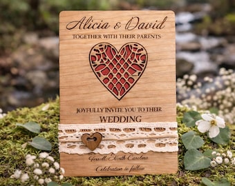 Faire-part de mariage rustique en bois découpé au laser avec dentelle
