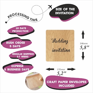 May include: A wooden wedding invitation with the text "Wedding invitation" in black script. The invitation measures 5.8 inches high and 5.2 inches wide. The image also shows processing time options and craft paper envelopes.