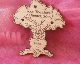 Tree Save the date magnet, Engraved Personalized Wooden Save the Date card, Laser Cut Rustic Save the Date wedding magnet, tree postcard