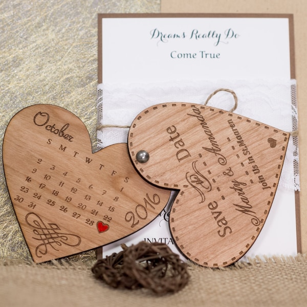 Wood Save-The-Date Magnets, Engraved Wooden Save the Date Wedding Magnets, Rustic Save the Dates Heart Shape