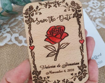 Beauty and the Beast Save the Date Magnet, Engraved Wooden Wedding Announcement, Disney Fairytale Custom Invite
