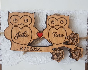 Save the date Karten mit Eule, Holz save the dates mit Option für Karten, rustikale Save the Date Magnete, einzigartige Hochzeitsanzeige aus Holz