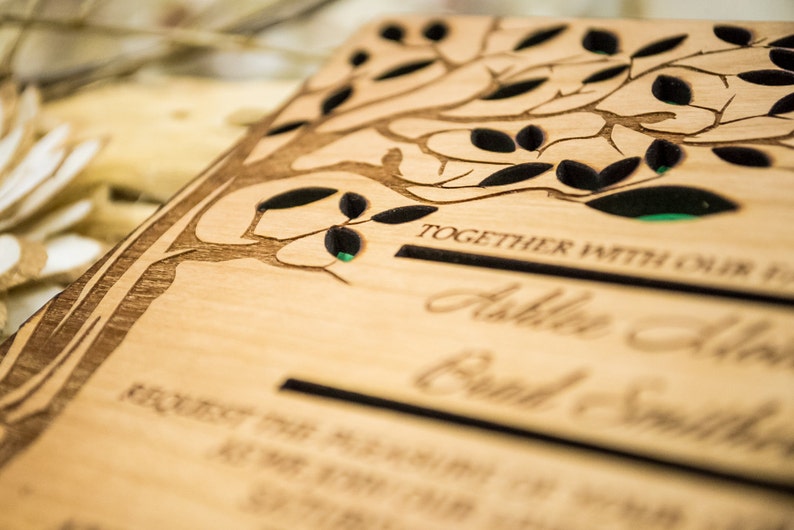 Tree wedding invitation, wooden forest invitation, laser cut invitation, rustic wedding invitation set, engraved wedding invite, unique image 5