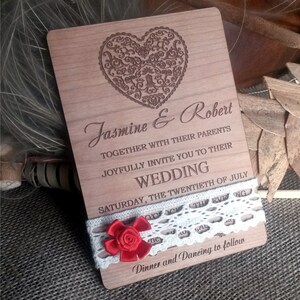 Lace wedding invitation (10)/  wood wedding invitations/ wedding invitation heart/ unique wedding invitations/ western wedding invitation