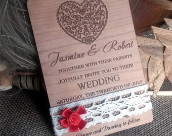 Lace wedding invitation (10)/  wood wedding invitations/ wedding invitation heart/ unique wedding invitations/ western wedding invitation