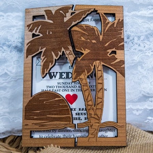 wood wedding invitations, destination wedding invitation, palm rustic wedding invitation, lasr cut wedding invitation, unique invitations