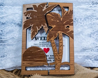 wood wedding invitations, destination wedding invitation, palm rustic wedding invitation, lasr cut wedding invitation, unique invitations