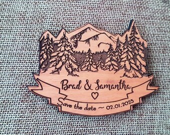 Pine tree save the date wooden magnet, mountain save the date magnet, winter wedding magnet, engraved save the date wood magnet, pine tree