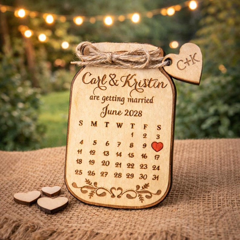 May include: Wooden wedding calendar with the names "Carl & Kristin" and the date "June 2028". The calendar is shaped like a jar with a heart-shaped tag and a twine bow. A red heart marks the 17th day.