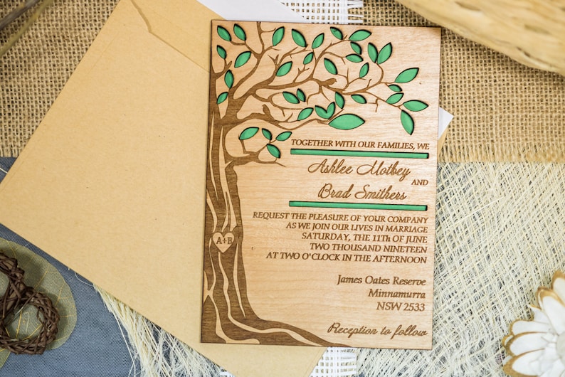 Tree wedding invitation, wooden forest invitation, laser cut invitation, rustic wedding invitation set, engraved wedding invite, unique image 4