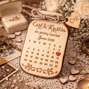 May include: A wooden wedding favor shaped like a jar, engraved with "Carl & Kristin are getting married June 2028." A small wooden heart with "C+K" hangs from the jar. The date June 17 is marked with a red heart.