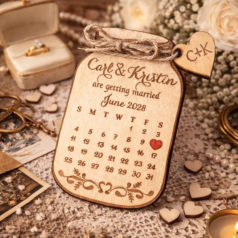 May include: A wooden wedding favor shaped like a jar, engraved with "Carl & Kristin are getting married June 2028." A small wooden heart with "C+K" hangs from the jar. The date June 17 is marked with a red heart.
