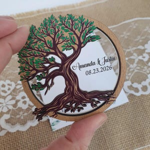 Aimants "Retenez cette date" en acrylique transparent et bois avec cartes | Arbre de vie 3D "Retenez cette date" personnalisé | Réservez la date botanique | Mariage verdure