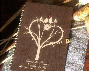 Engraved Cherry Wood Wedding Guest Book, Love Birds, Rustic