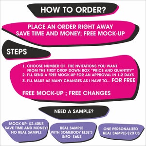 May include: An informational graphic with text in black and white on a white background, with pink and purple accents. The text provides instructions on how to order, including steps, free mock-ups, and sample options.
