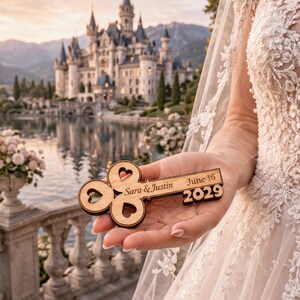 May include: A wooden key with heart-shaped cutouts and the engraved names "Sara & Justin" and the date "June 16 2029". The key is held in front of a castle and lake background, suggesting a wedding theme.