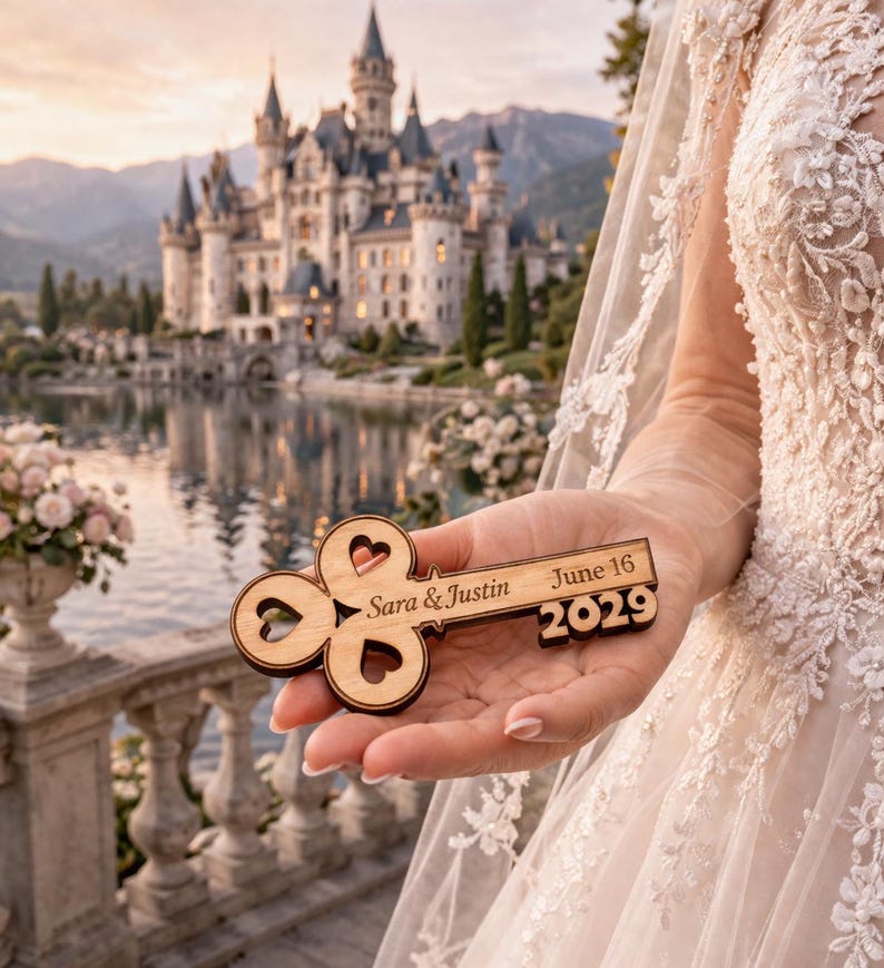 May include: A wooden key with heart-shaped cutouts and the engraved names "Sara & Justin" and the date "June 16 2029". The key is held in front of a castle and lake background, suggesting a wedding theme.