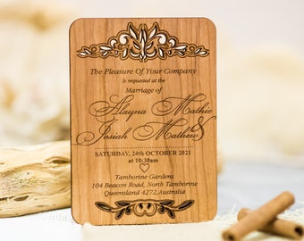 Wooden Laser cut Invitation, Wedding Invitation Suite, Set of 25 Custom Rustic Wedding Invitations, Bespoke Invite with Flower Ornament