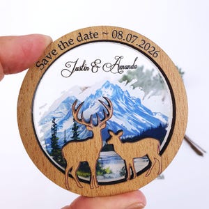 Holz und Acryl Save the Date Magnet | Hochzeitsmagnet mit Save Date Karte | Rustikale Hochzeit Save the Dates mit den Bergen