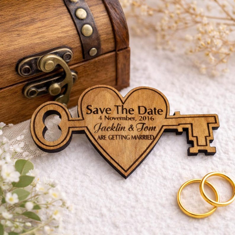 May include: Wooden key-shaped wedding favor with a heart-shaped center. The key reads "Save The Date" with the date and names "Jacklin & Tom". Two gold wedding bands are visible. A small wooden chest is in the background.