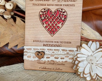 Rustic Wedding Invitation, Wood invitations, Heart wedding invitation decorated with lace, unique laser cut wedding invitation, Set of 10